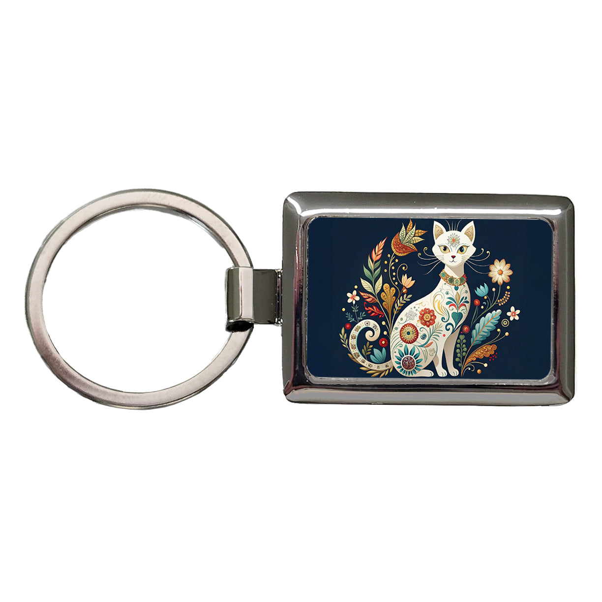 Stylized White Cat Floral Design Rectangle Metal Keychain