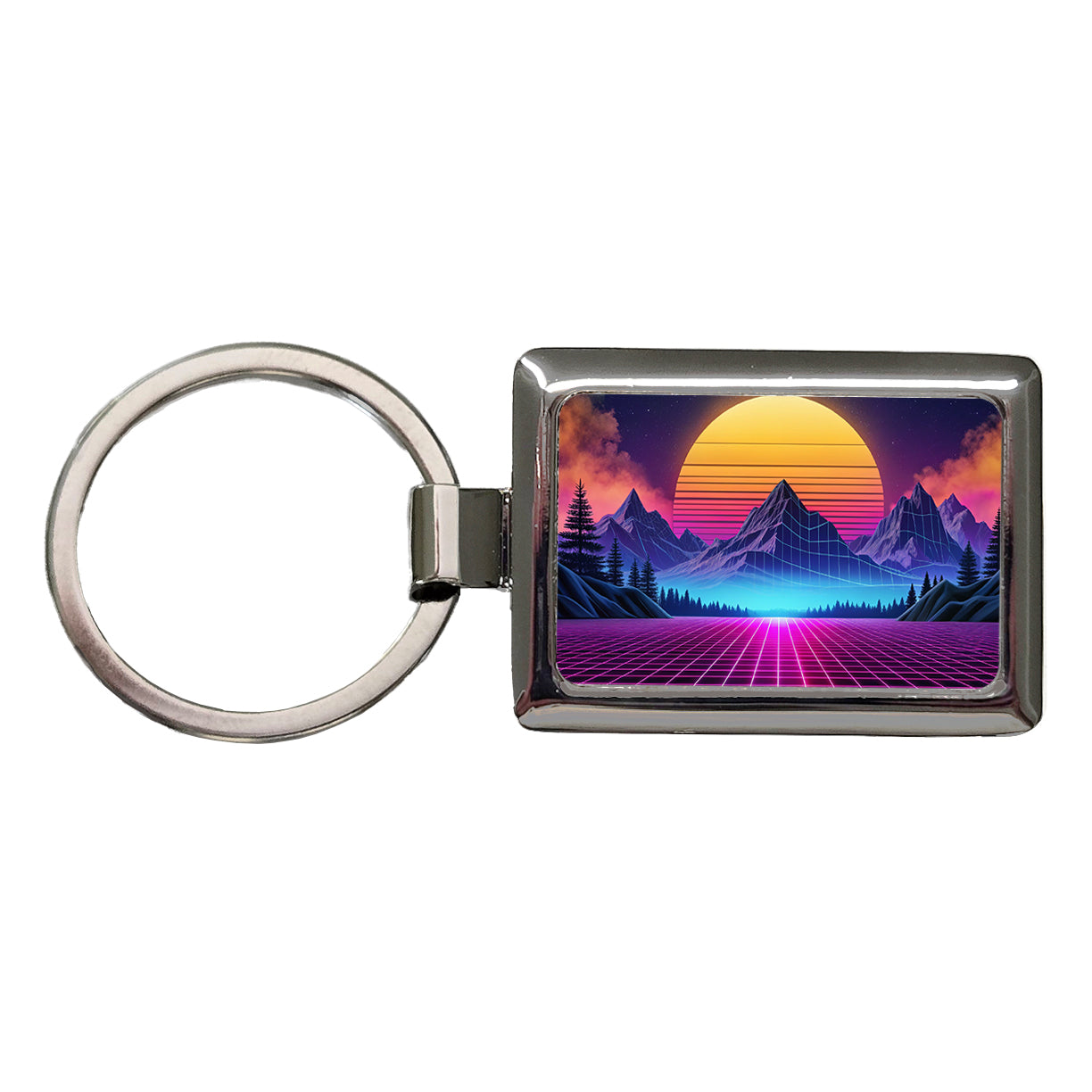 Vaporwave Retro Vector Vivid Mountain Landscape Rectangle Metal Keychain