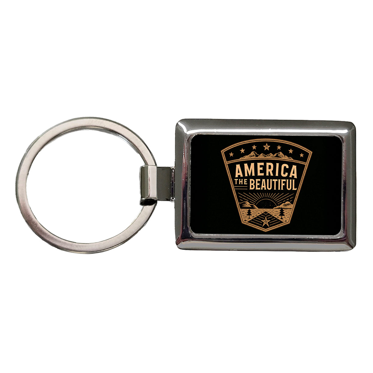 America The Beautiful United States USA Patriotic Black Tan Rectangle Metal Keychain