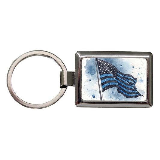 Black Blue Waving American Flag Watercolor USA United States Rectangle Metal Keychain