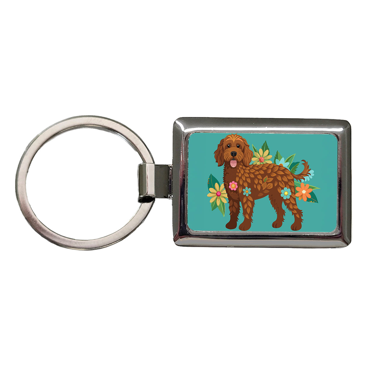 Brown Labradoodle Floral Motif Dog Rectangle Metal Keychain