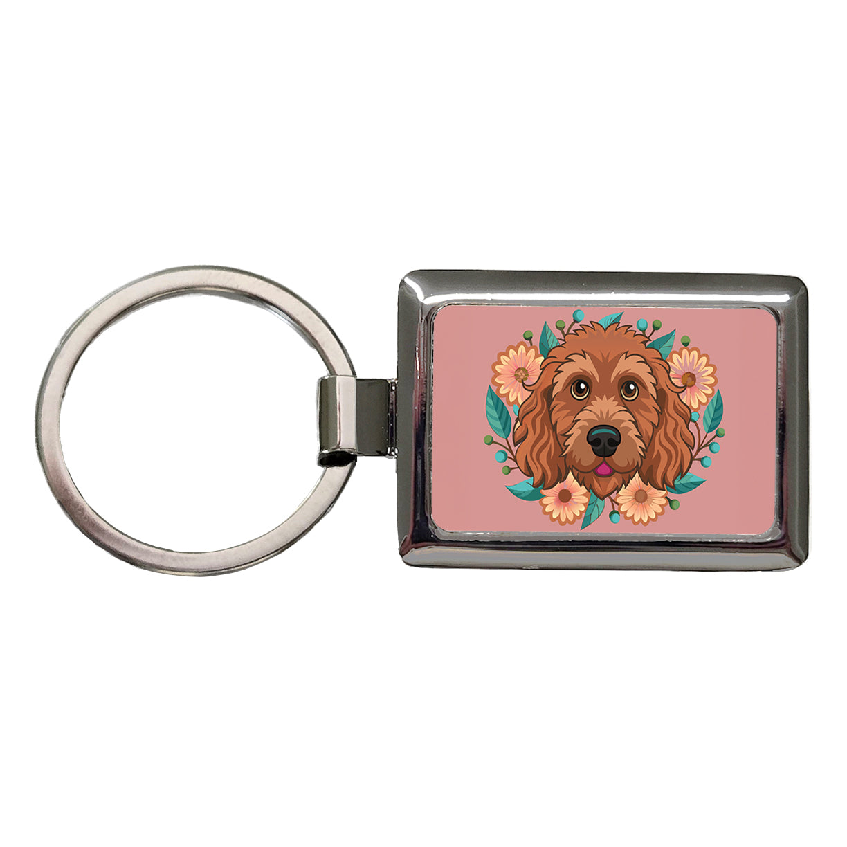 Brown Labradoodle Head Floral Motif Dog Pink Background Rectangle Metal Keychain