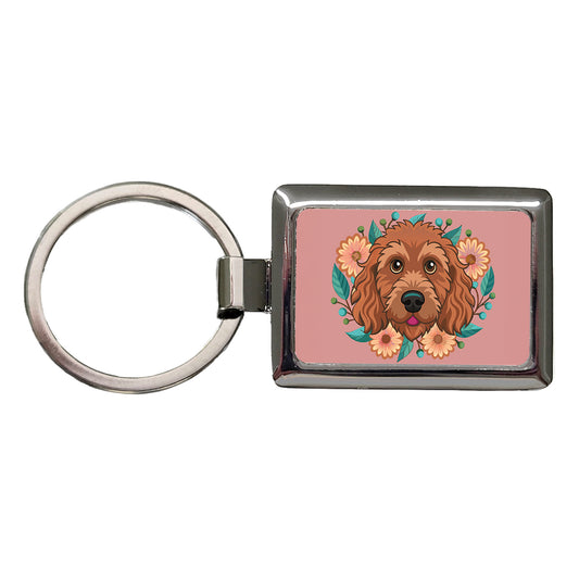 Brown Labradoodle Head Floral Motif Dog Pink Background Rectangle Metal Keychain