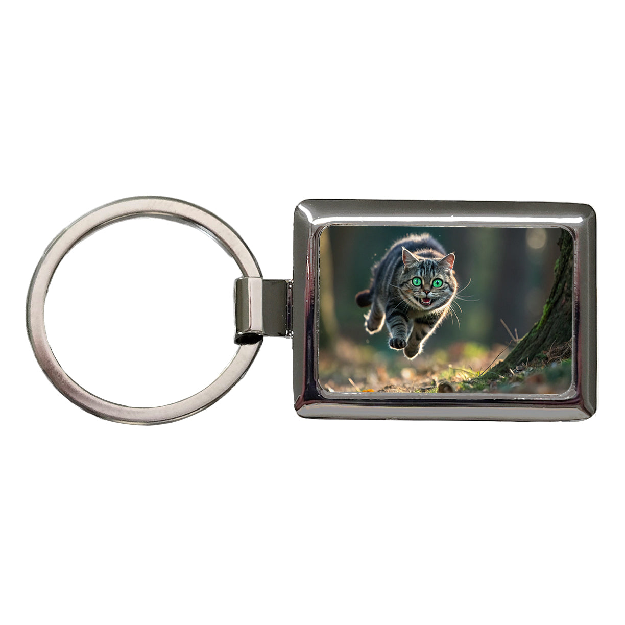 Cat Leaping Green Eyes Funny Rectangle Metal Keychain
