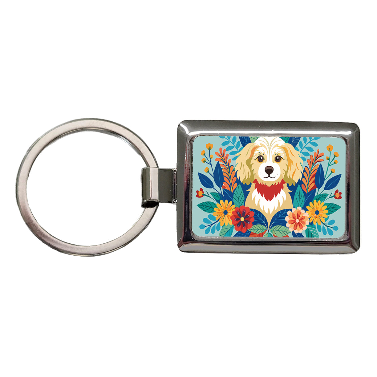 Cavapoo Floral Motif Dog Blue Rectangle Metal Keychain