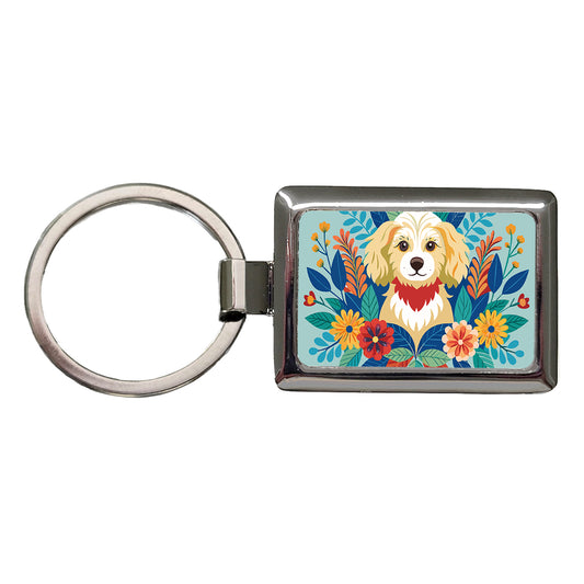 Cavapoo Floral Motif Dog Blue Rectangle Metal Keychain
