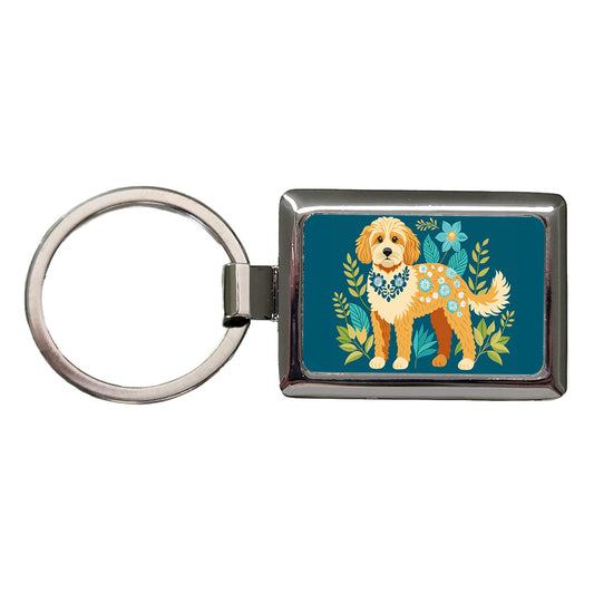 Cavapoo Floral Motif Dog Rectangle Metal Keychain