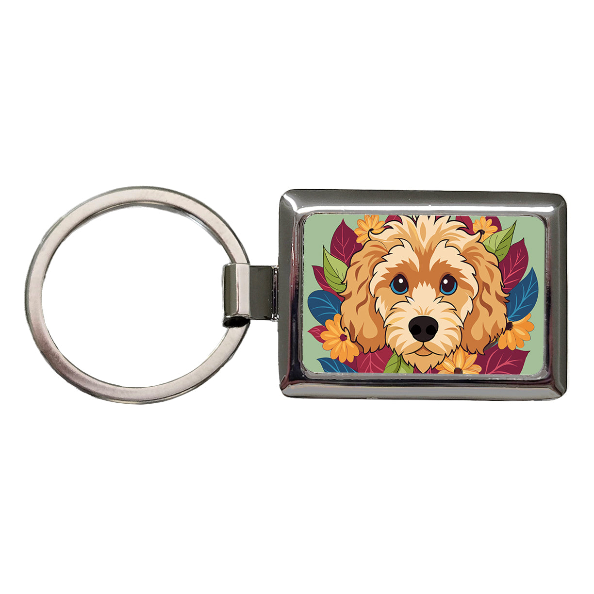 Cavapoo Head Floral Motif Dog Rectangle Metal Keychain
