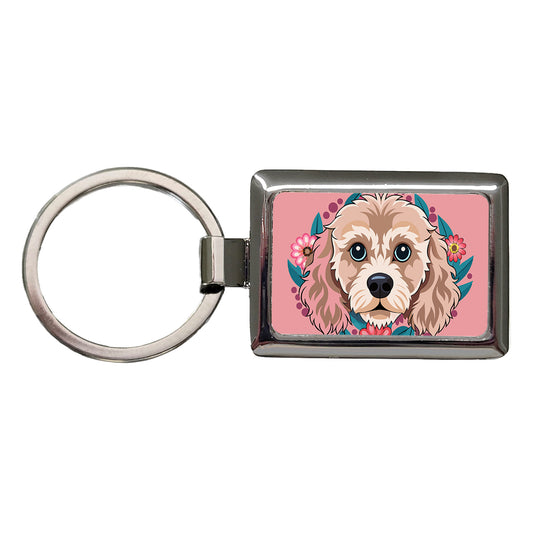 Cavapoo Head Floral Motif Pink Dog Rectangle Metal Keychain