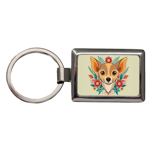 Chiweenie Head Floral Motif Dog Rectangle Metal Keychain