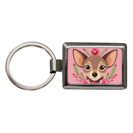 Chiweenie Head Floral Motif Pink Dog Rectangle Metal Keychain
