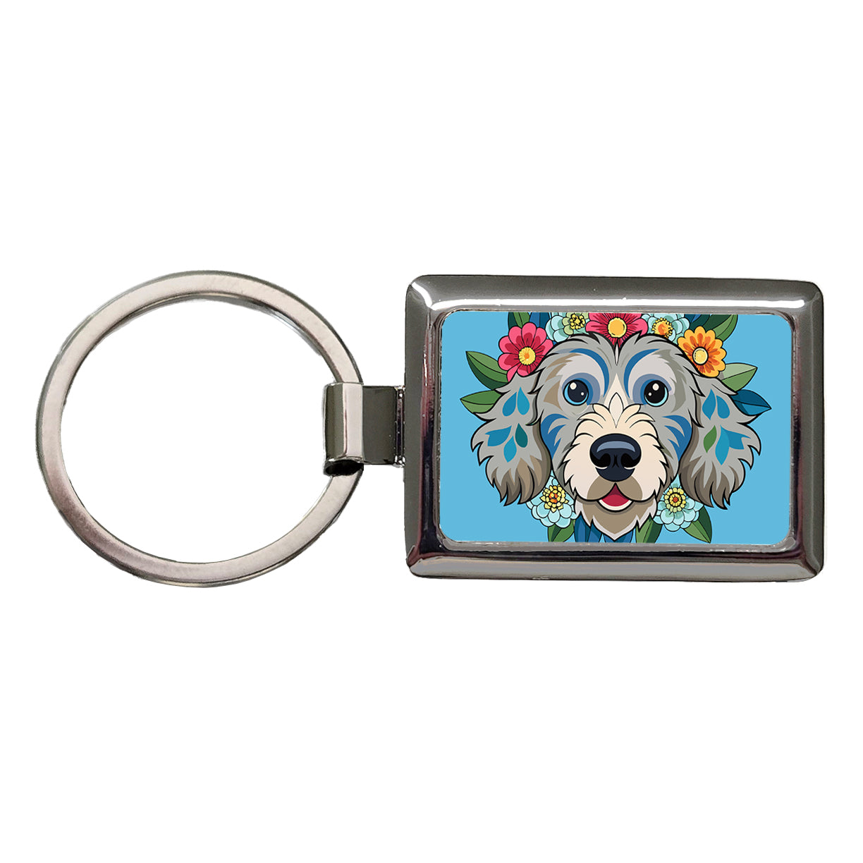Cockapoo Head Floral Motif Light Blue Dog Rectangle Metal Keychain