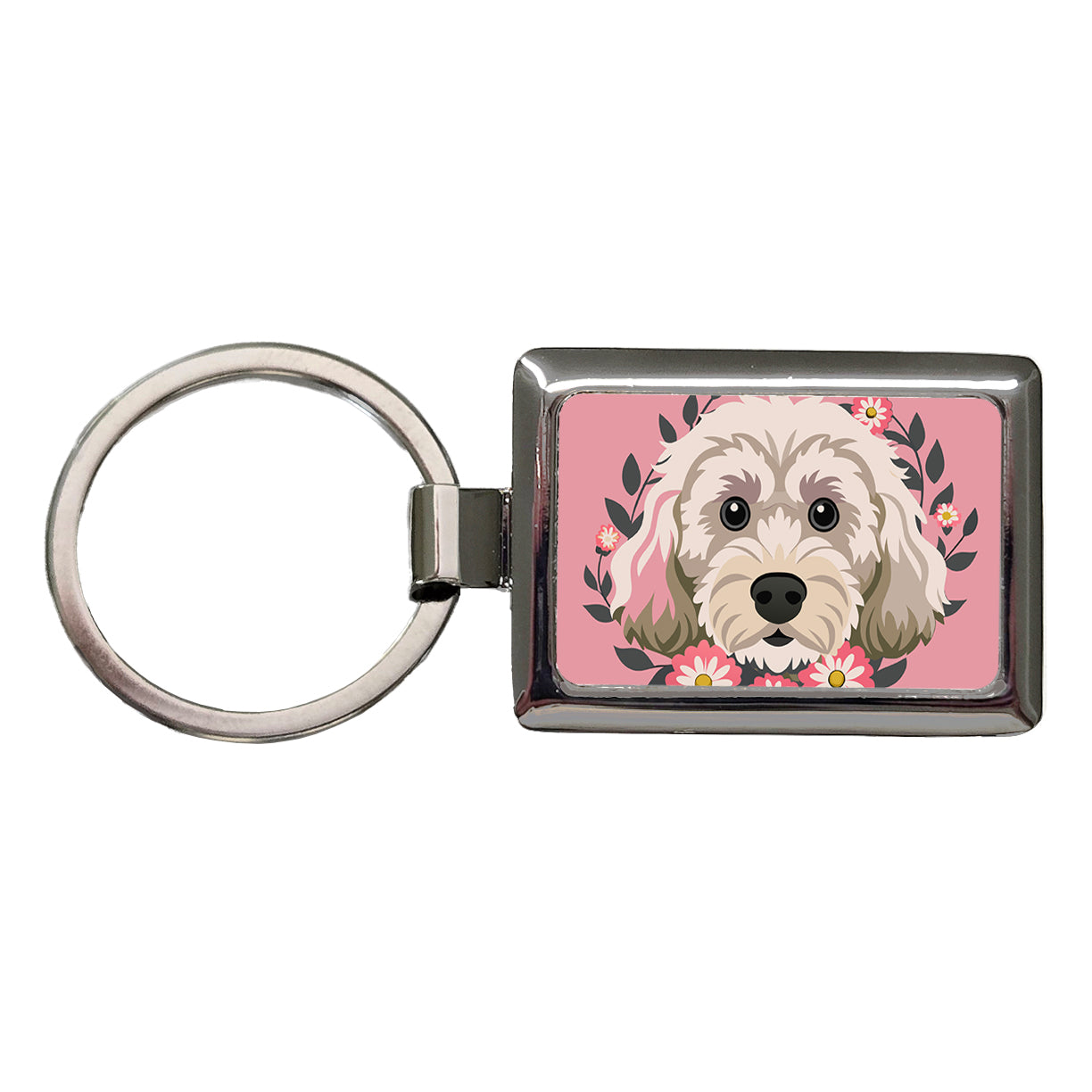 Cockapoo Head Floral Motif Light Pink Dog Rectangle Metal Keychain