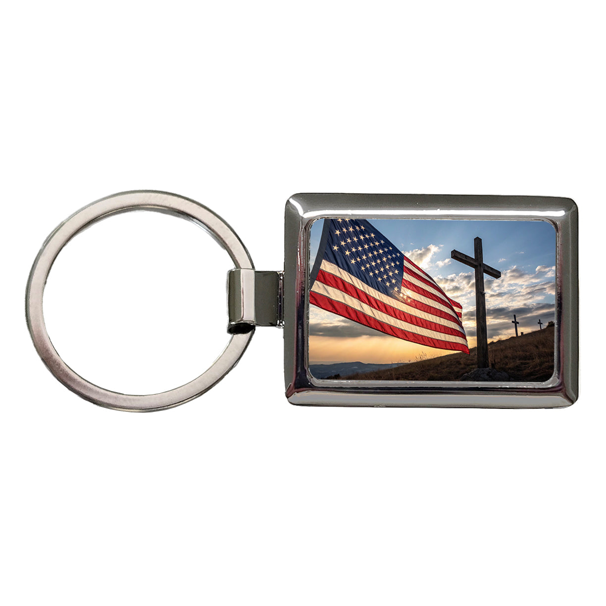 Cross Over American Flag USA United States Religious Rectangle Metal Keychain