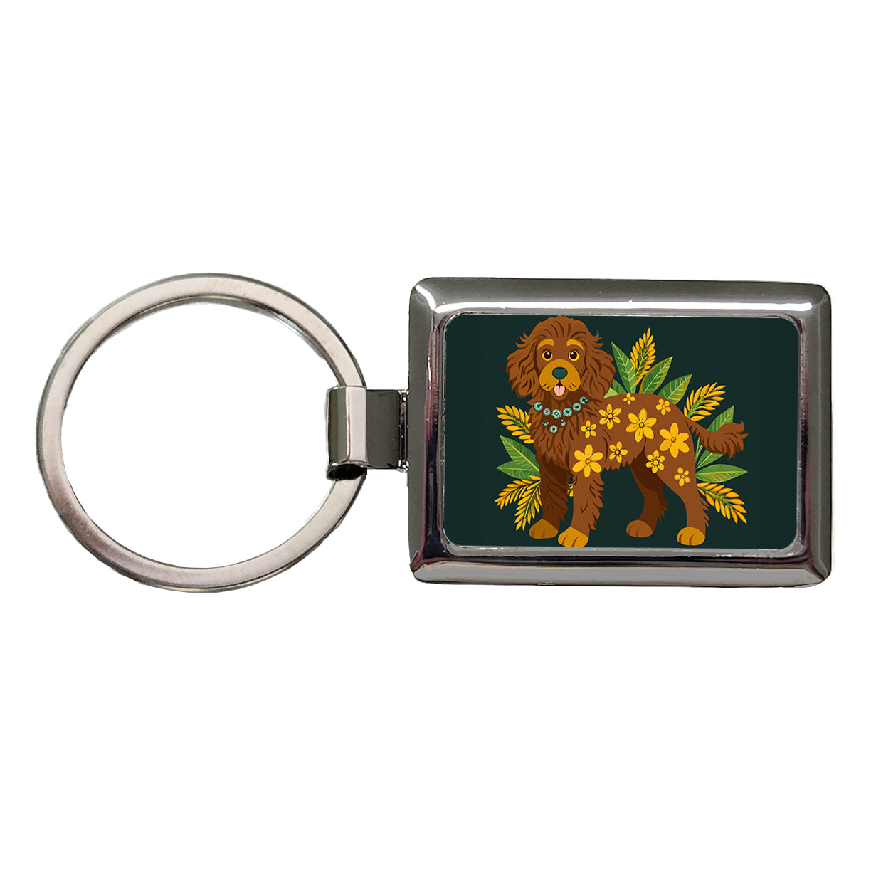 Dark Brown Golden Doodle Floral Motif Green Dog Rectangle Metal Keychain
