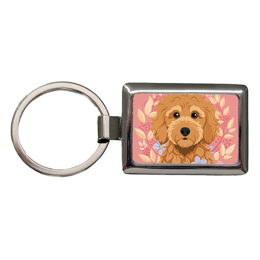 Golden Doodle Brown Head Floral Motif Pink Dog Rectangle Metal Keychain