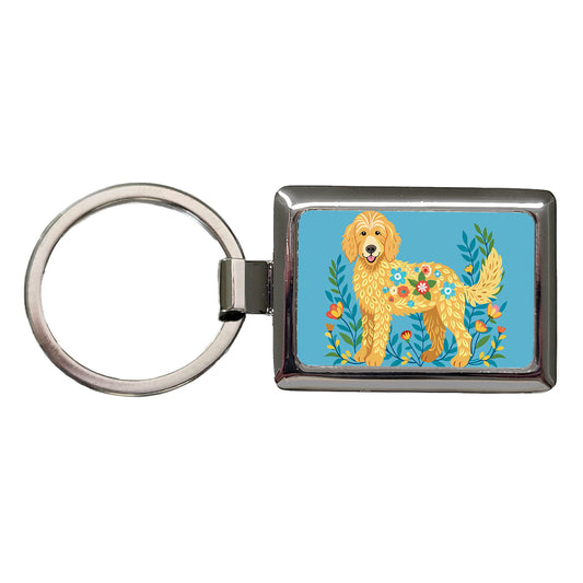 Golden Doodle Floral Motif Blue Dog Rectangle Metal Keychain