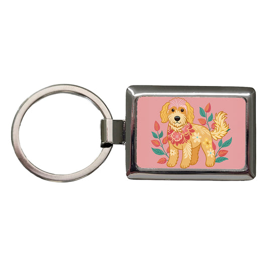 Golden Doodle Floral Motif Pink Dog Rectangle Metal Keychain