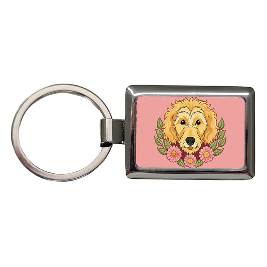 Golden Doodle Head Floral Motif Pink Dog Rectangle Metal Keychain