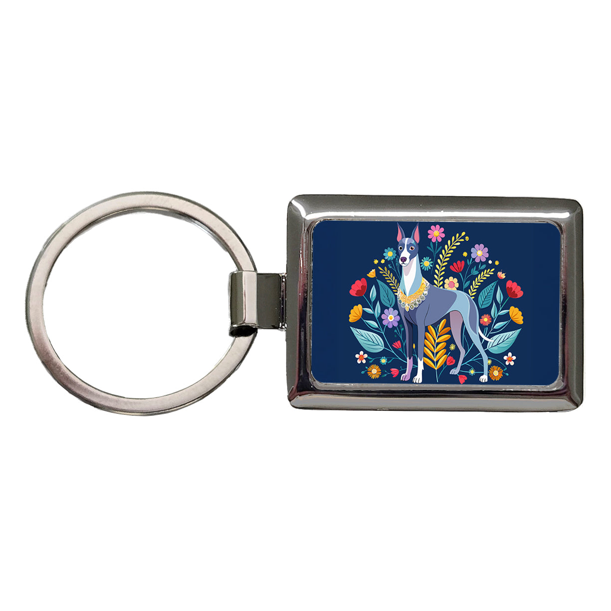 Great Dane Floral Motif Dog Blue Rectangle Metal Keychain