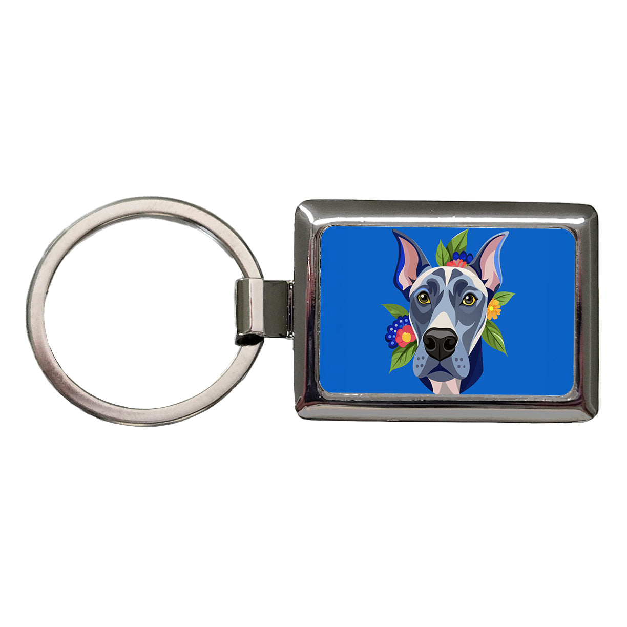 Great Dane Head Floral Motif Blue Dog Rectangle Metal Keychain