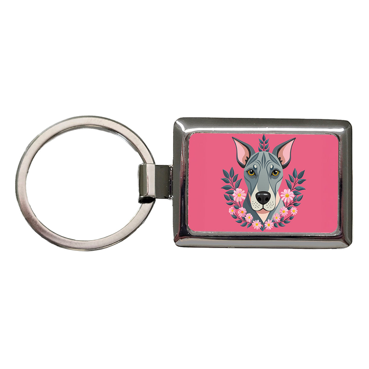 Great Dane Head Floral Motif Pink Background Dog Rectangle Metal Keychain