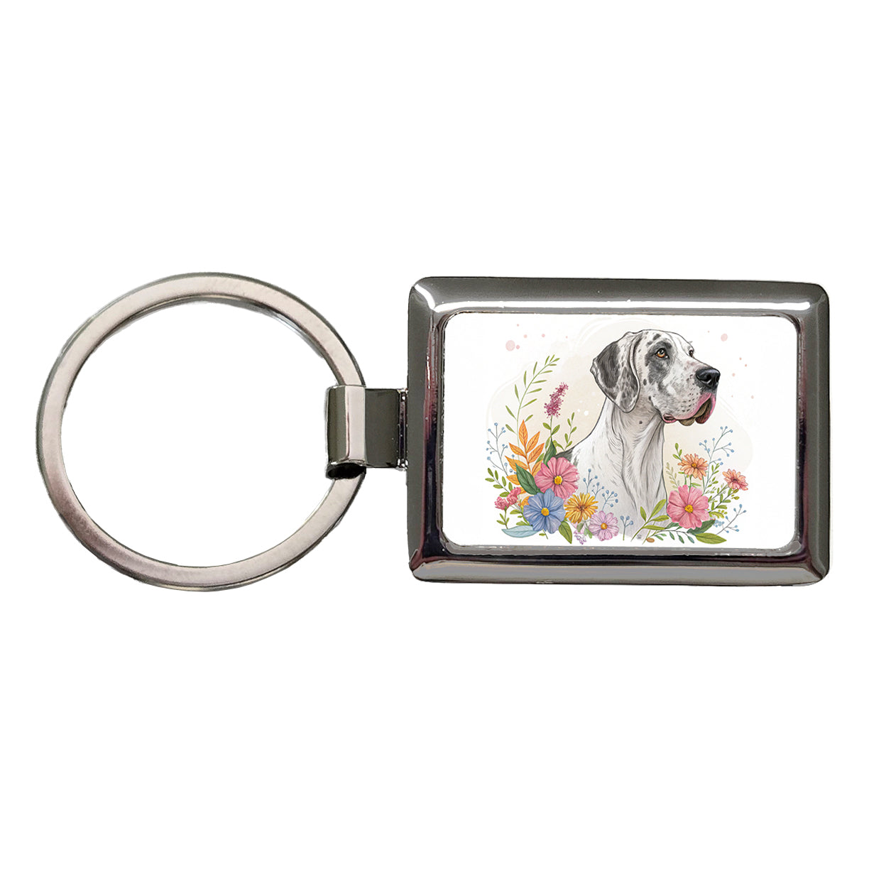 Great Dane Floral Motif Dog Light Rectangle Metal Keychain