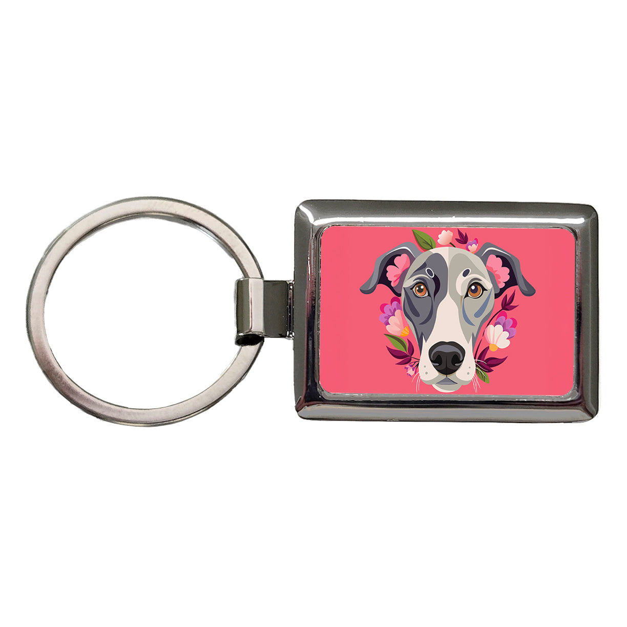 Great Dane Head Floral Pink Dog Rectangle Metal Keychain