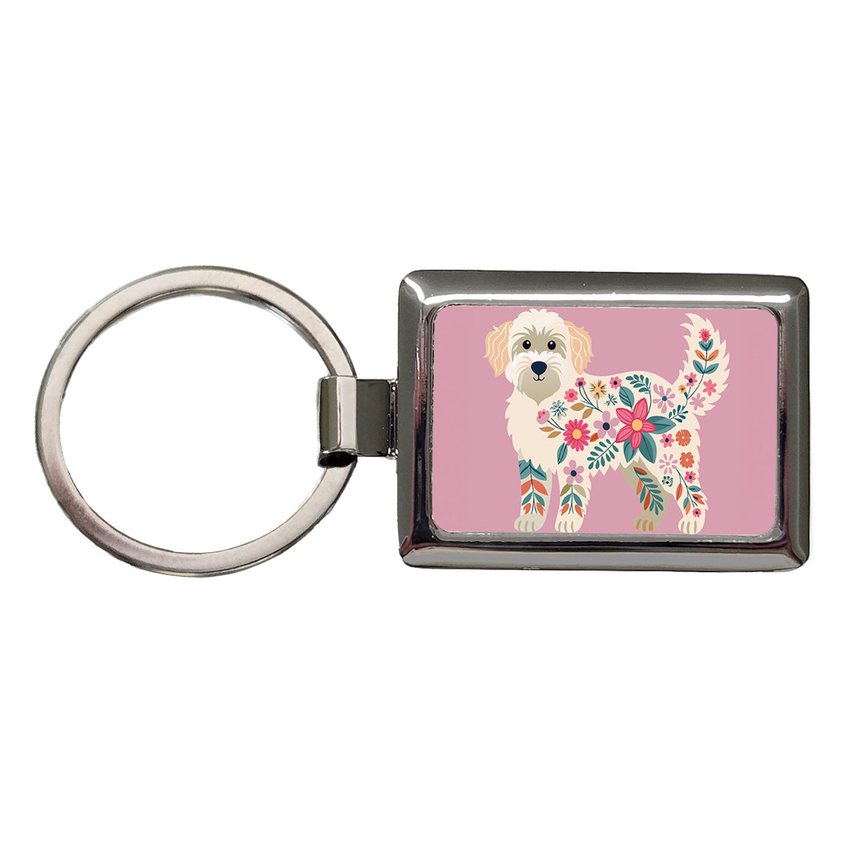Labradoodle Floral Motif Pink Cute Dog Rectangle Metal Keychain