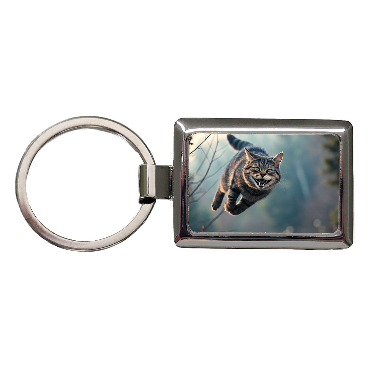 Leaping Funny Cat Grinning Rectangle Metal Keychain