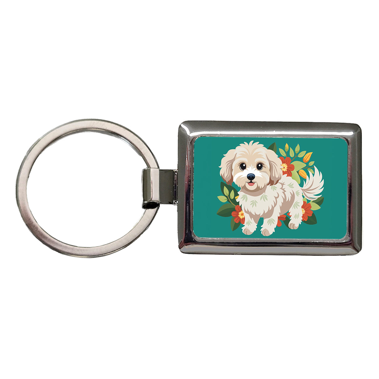 Maltipoo Floral Motif Dog Standing Rectangle Metal Keychain