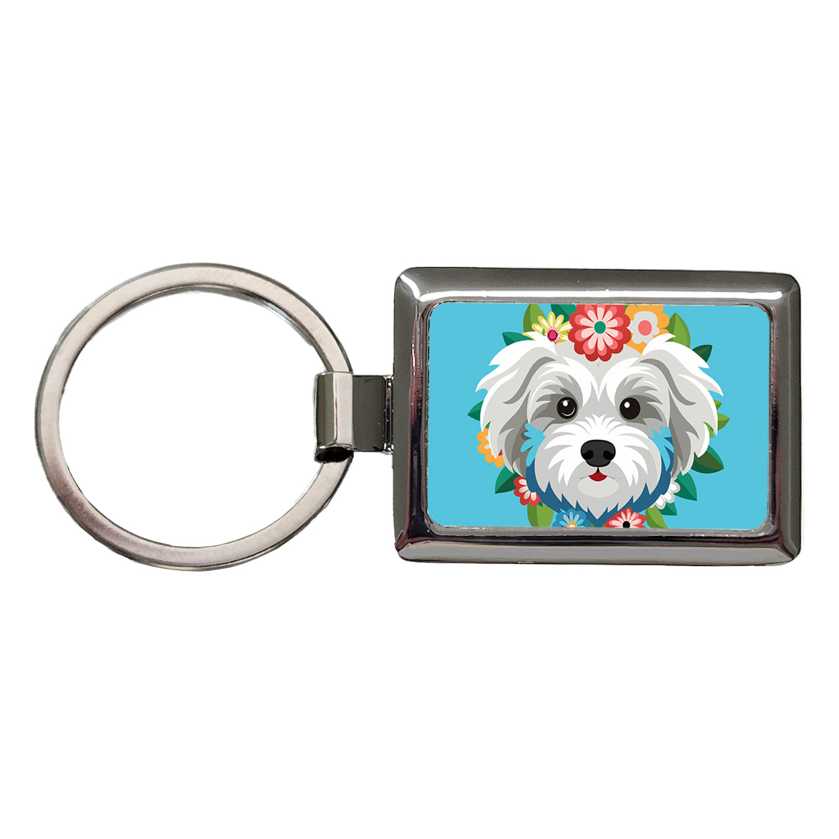 Maltipoo Head Floral Motif Blue Dog Rectangle Metal Keychain
