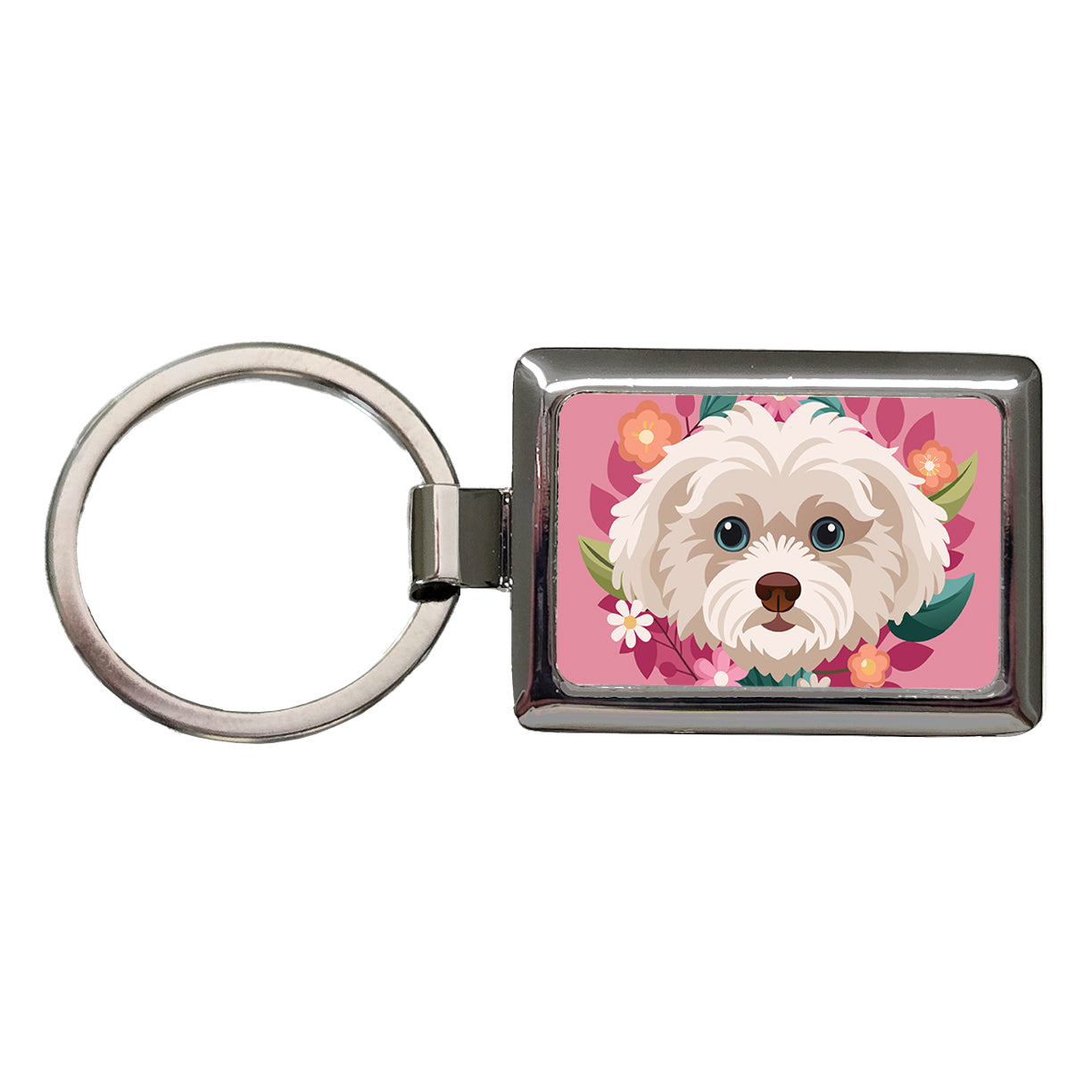 Maltipoo Head Floral Motif Pink Dog Rectangle Metal Keychain