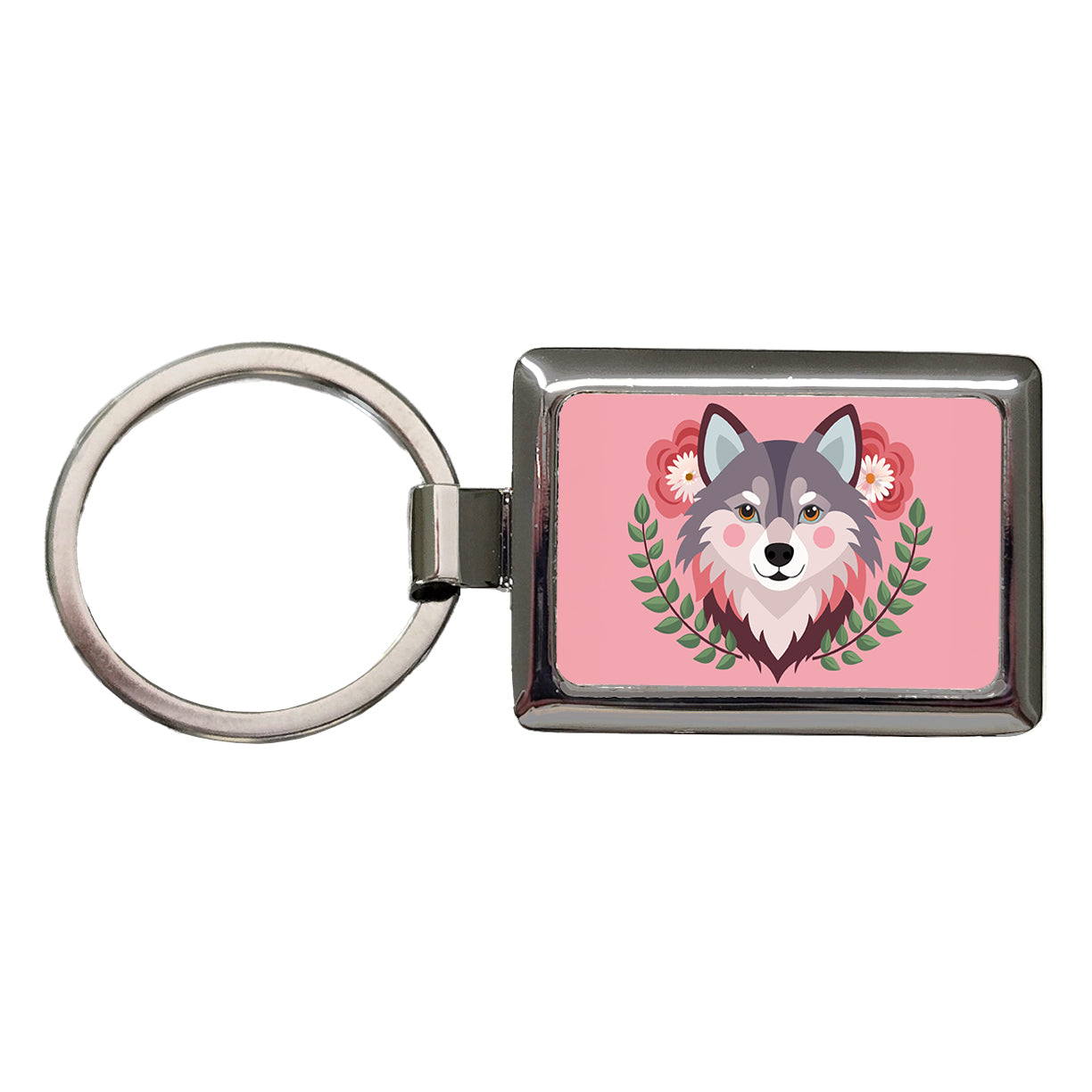 Pomsky Head Floral Motif Pink Cute Dog Rectangle Metal Keychain