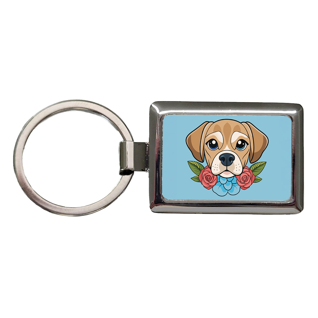 Puggle Head Floral Motif Blue Dog Rectangle Metal Keychain