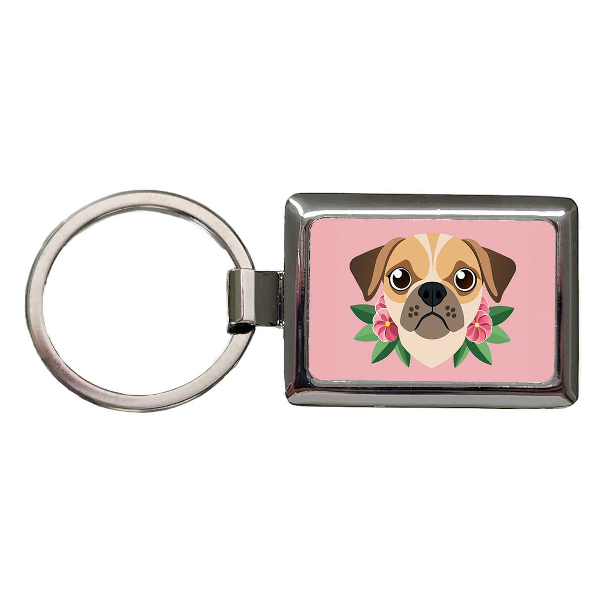 Puggle Head Floral Motif Pink Dog Rectangle Metal Keychain