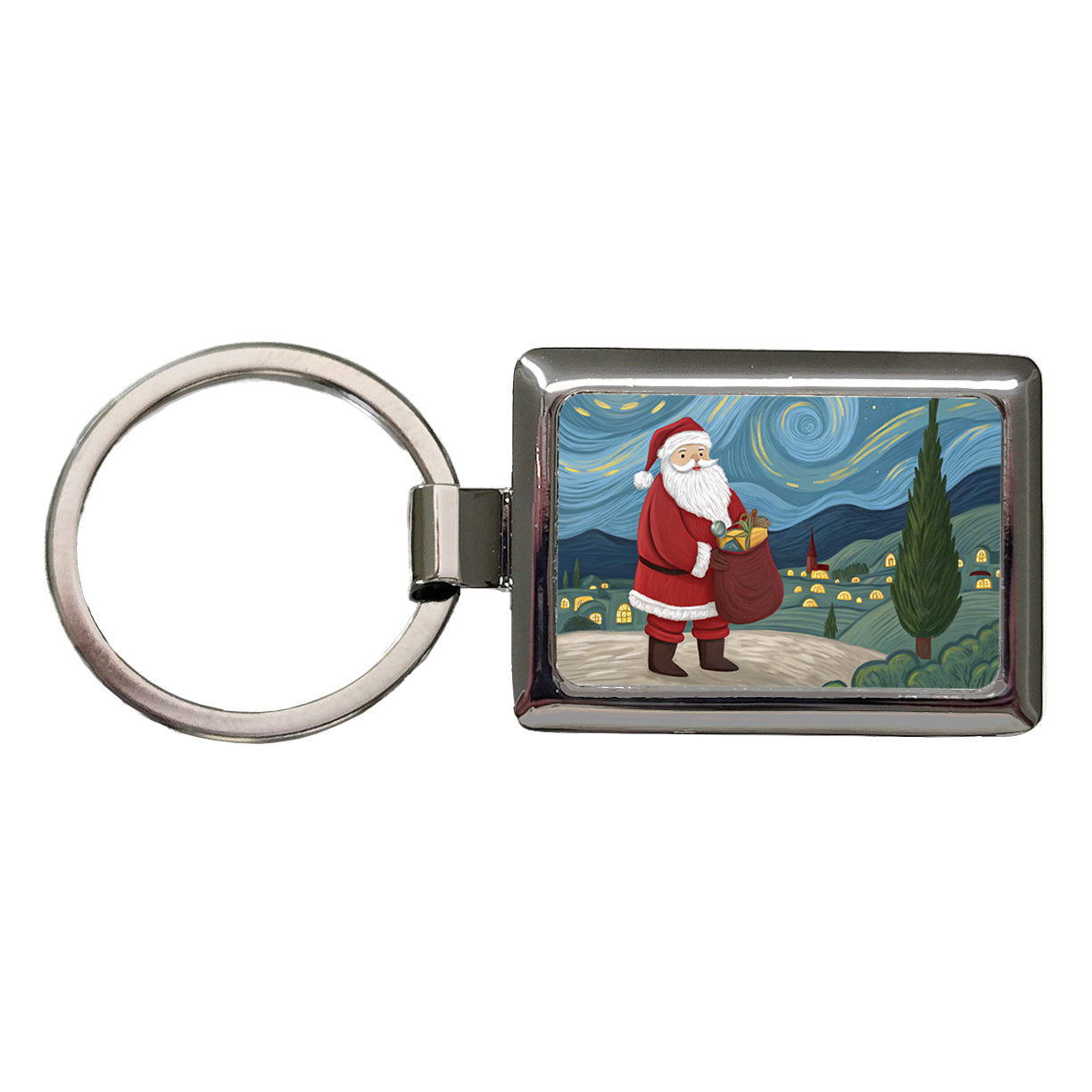 Santa Van Gogh Starry Night Christmas Funny Rectangle Metal Keychain