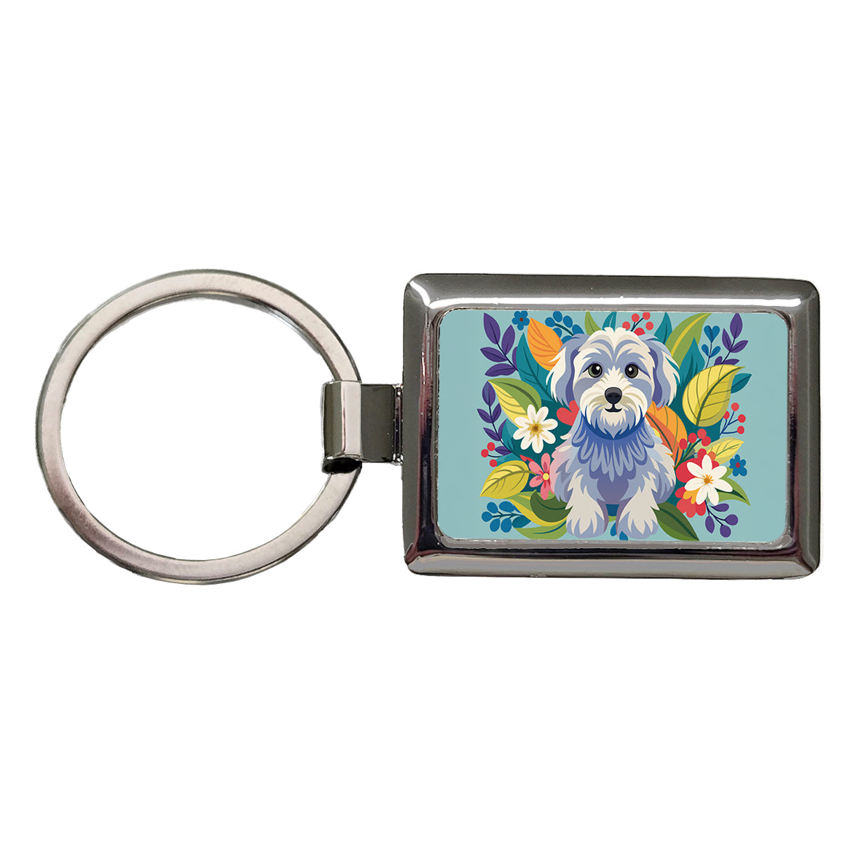 Schnoodle Floral Motif Blue Dog Rectangle Metal Keychain