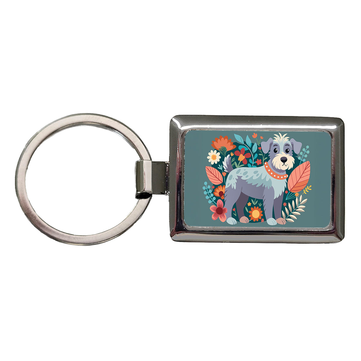 Schnoodle Floral Motif Dog Gray Rectangle Metal Keychain
