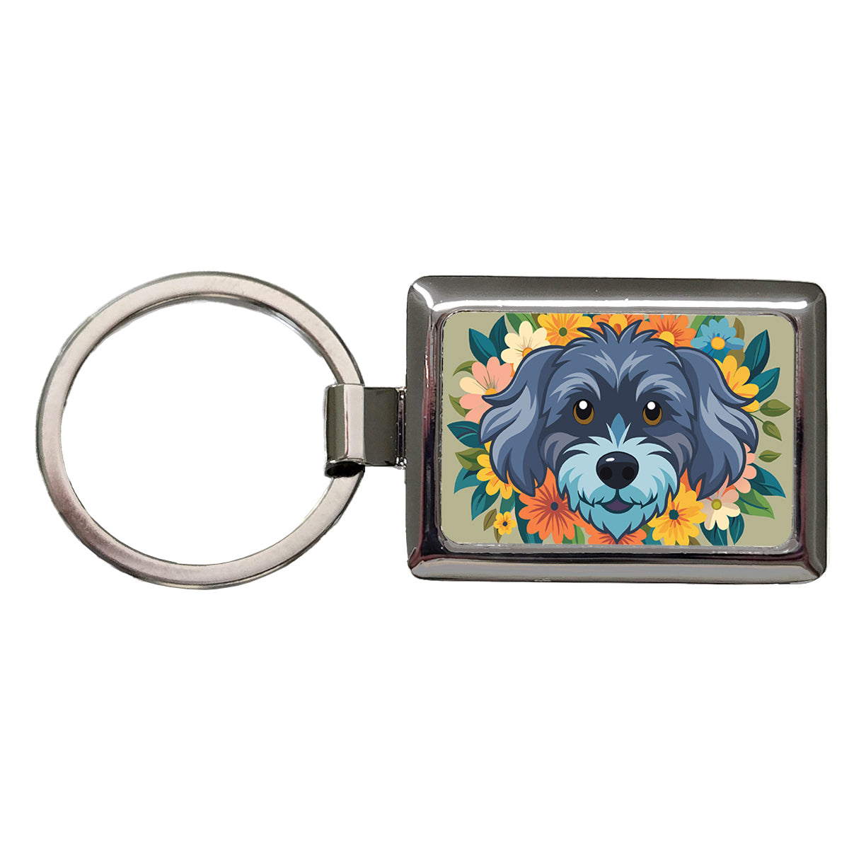 Schnoodle Head Floral Motif Dog Rectangle Metal Keychain
