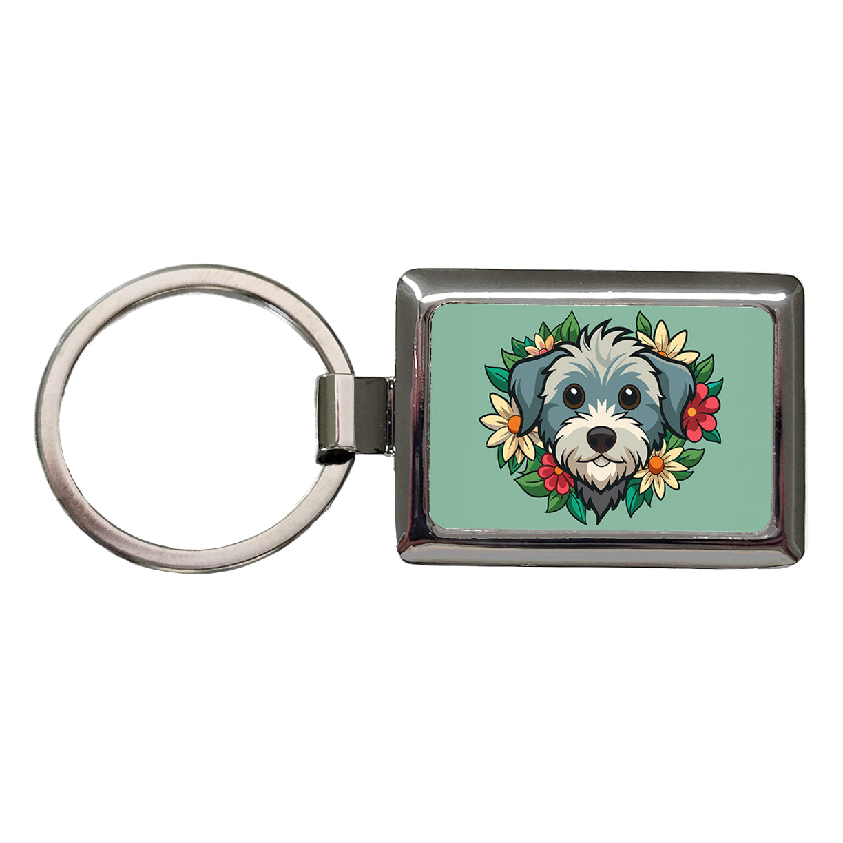 Schnoodle Head Floral Motif Green Dog Rectangle Metal Keychain