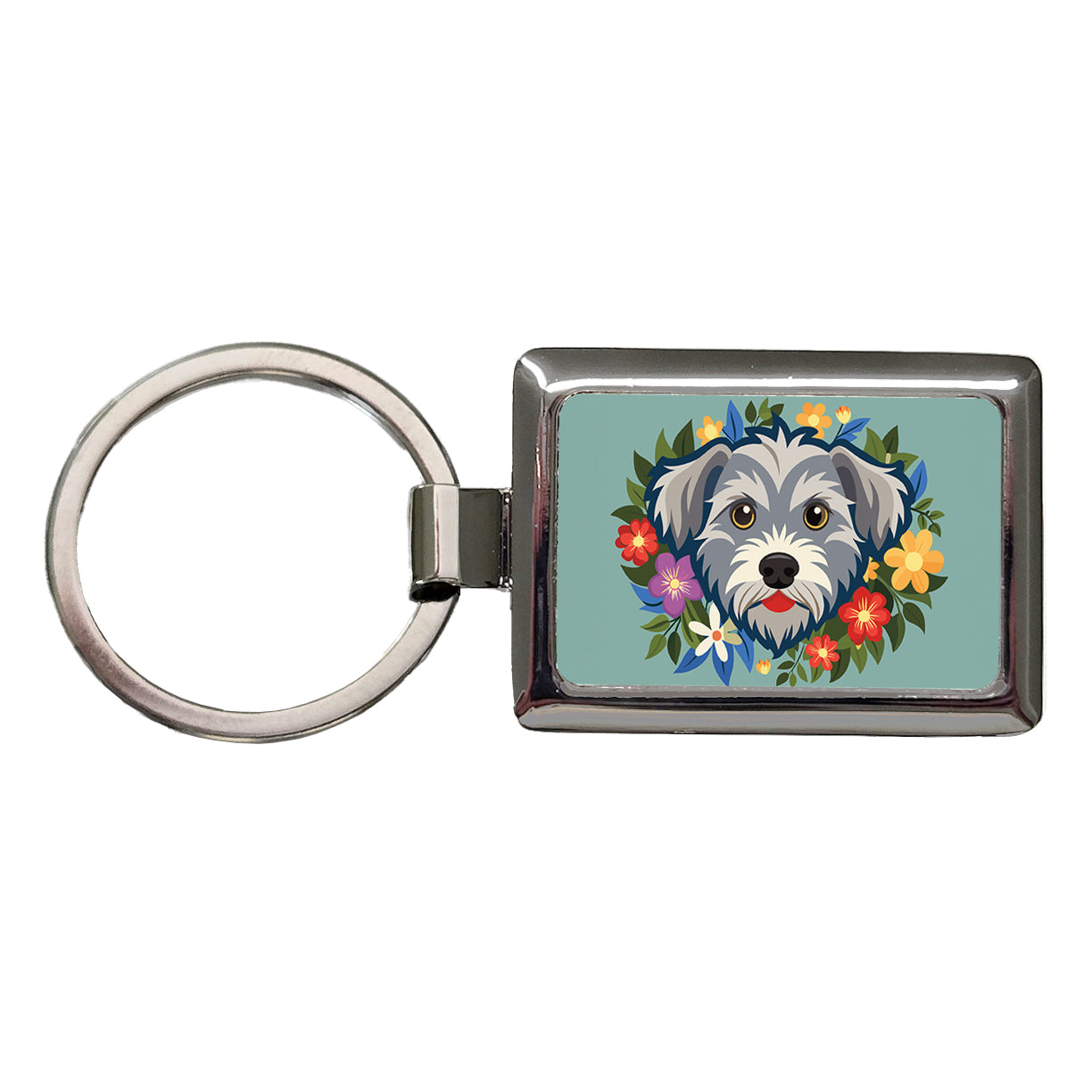 Schnoodle Head Floral Motif Rectangle Metal Keychain