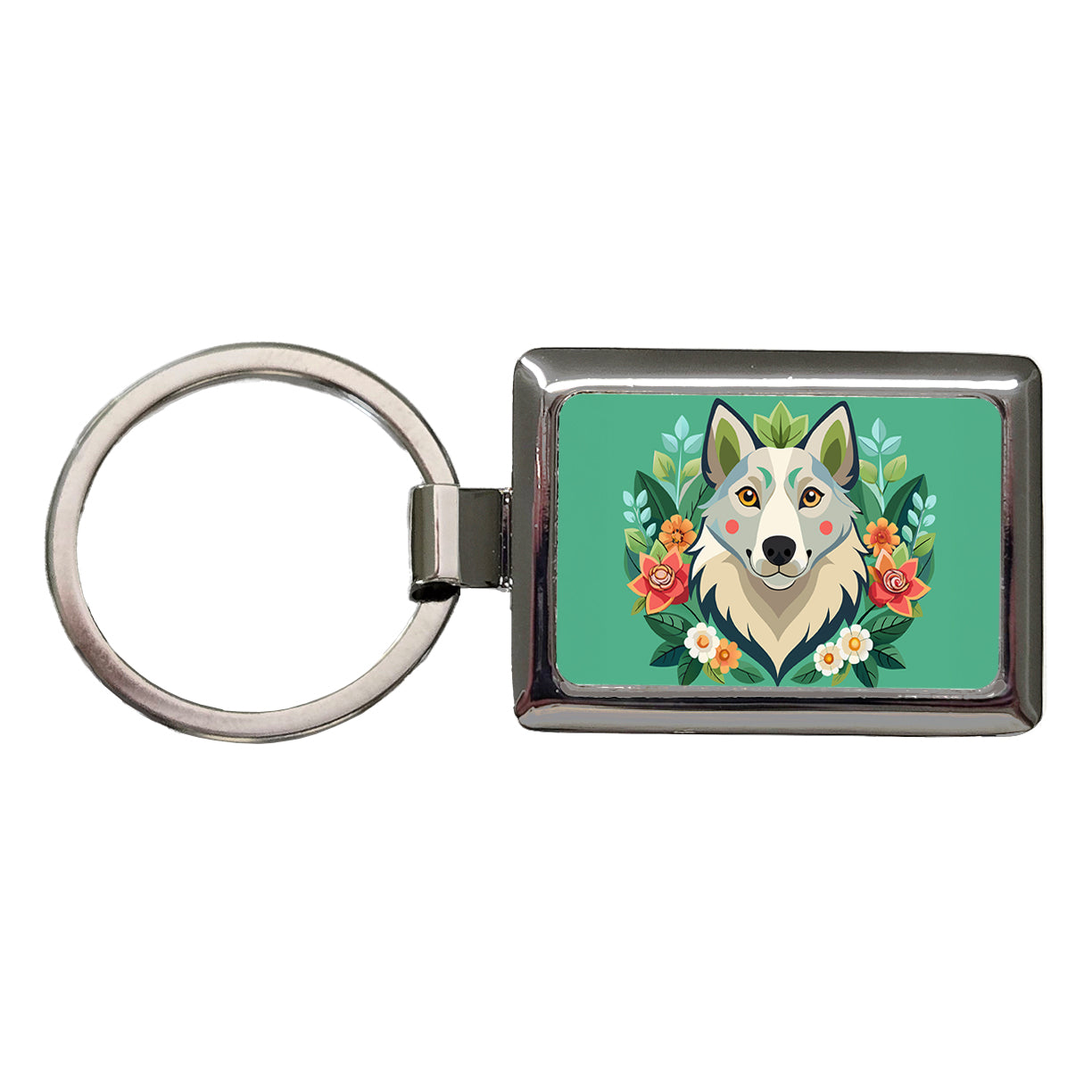 Siberian Retriever Head Floral Motif Green Dog Rectangle Metal Keychain