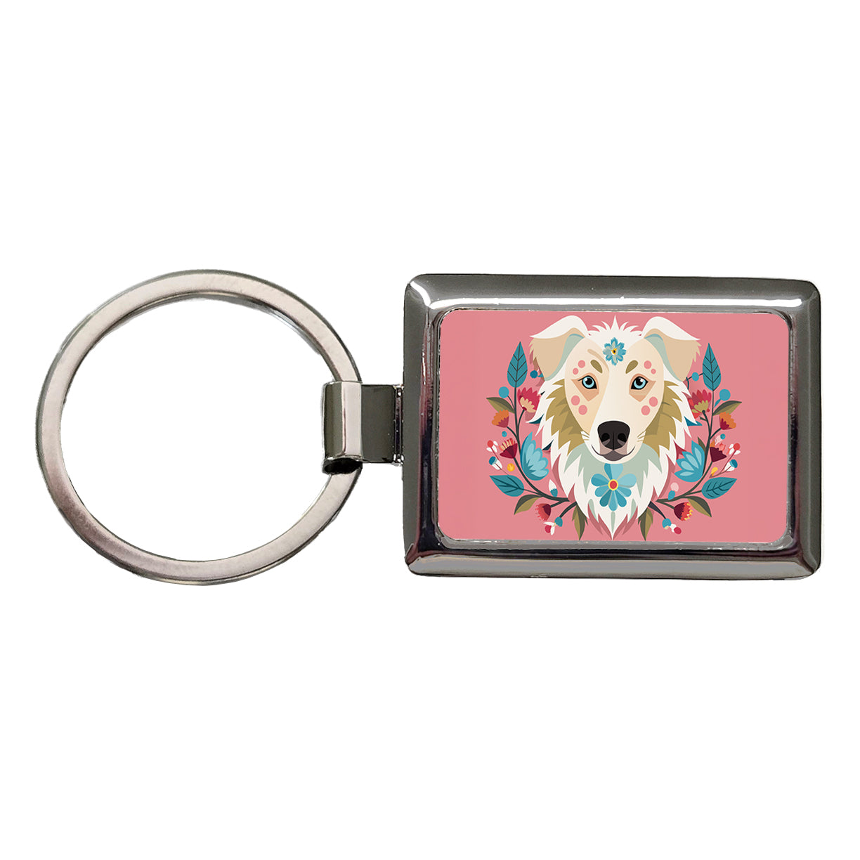 Siberian Retriever Head Floral Motif Pink Dog Rectangle Metal Keychain