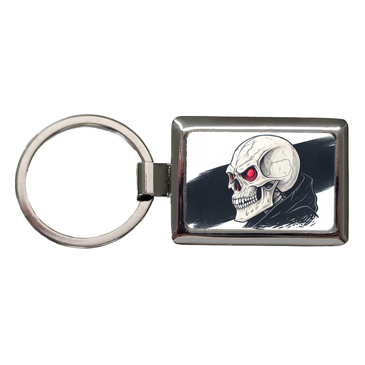Skull With Red Eyes Menacing Rectangle Metal Keychain