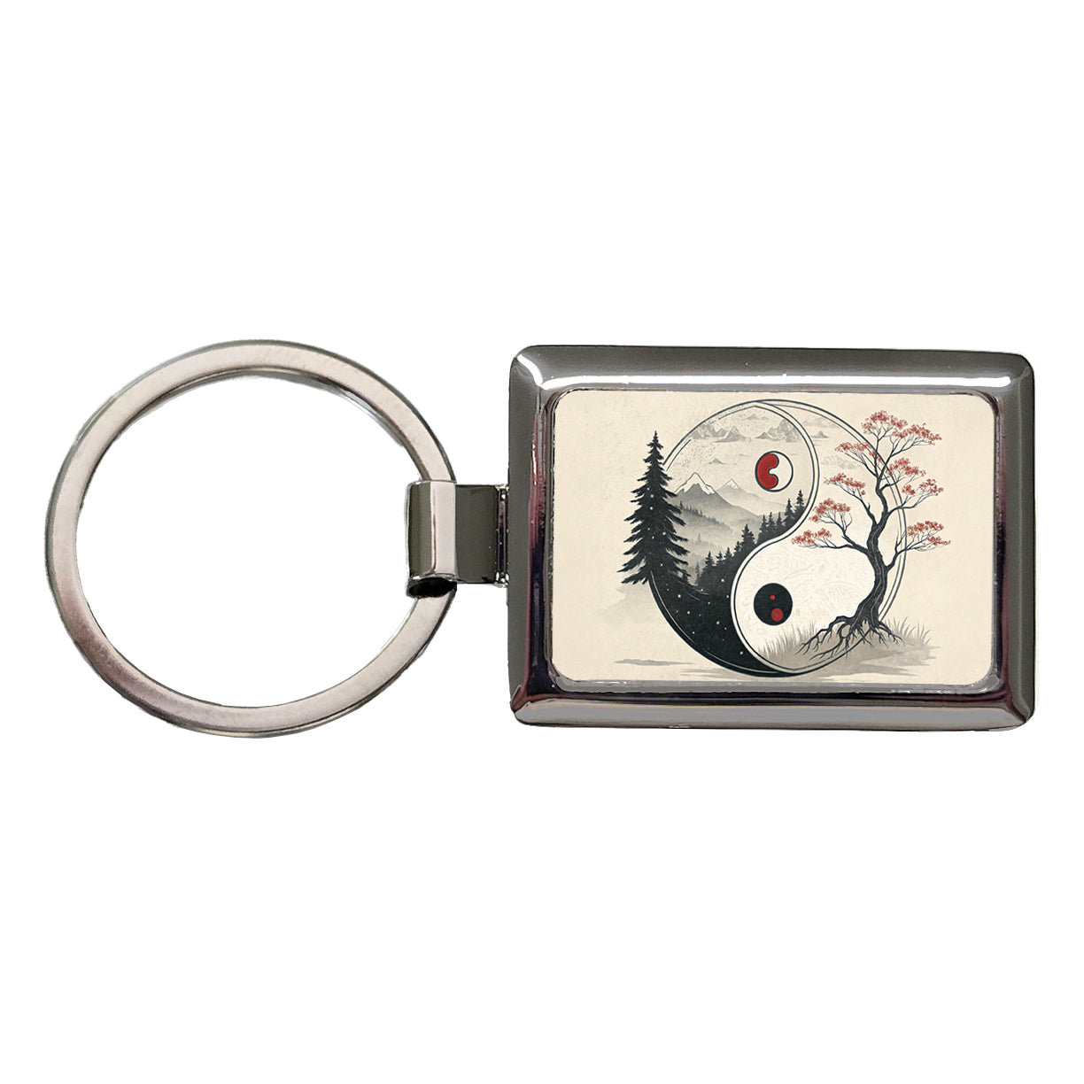 Yin Yang Japanese Cherry Blossoms Rectangle Metal Keychain