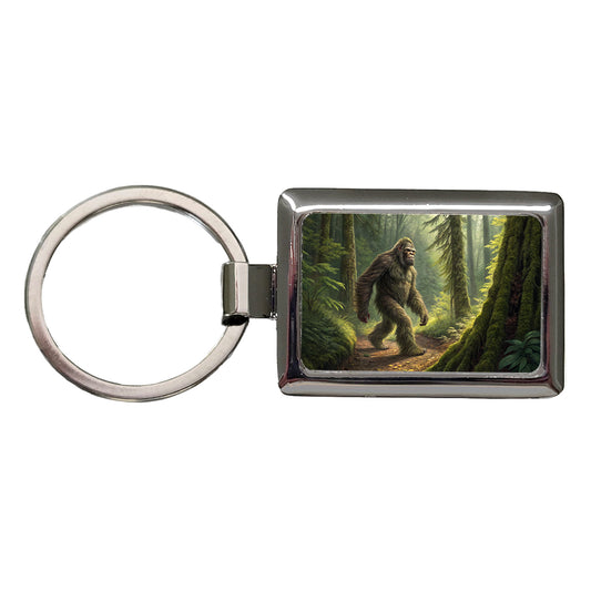 Bigfoot Hiking In Forest Rectangle Metal Keychain