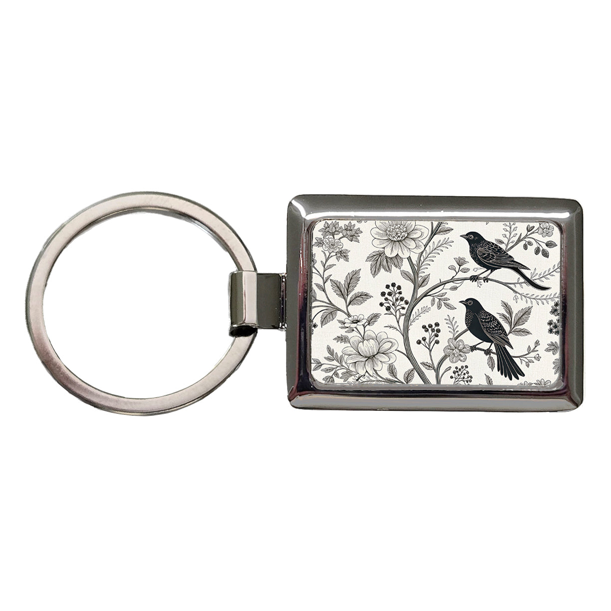 Black On White Toile With Birds Rectangle Metal Keychain