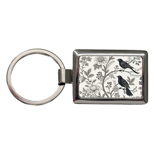 Black On White Toile With Birds Rectangle Metal Keychain