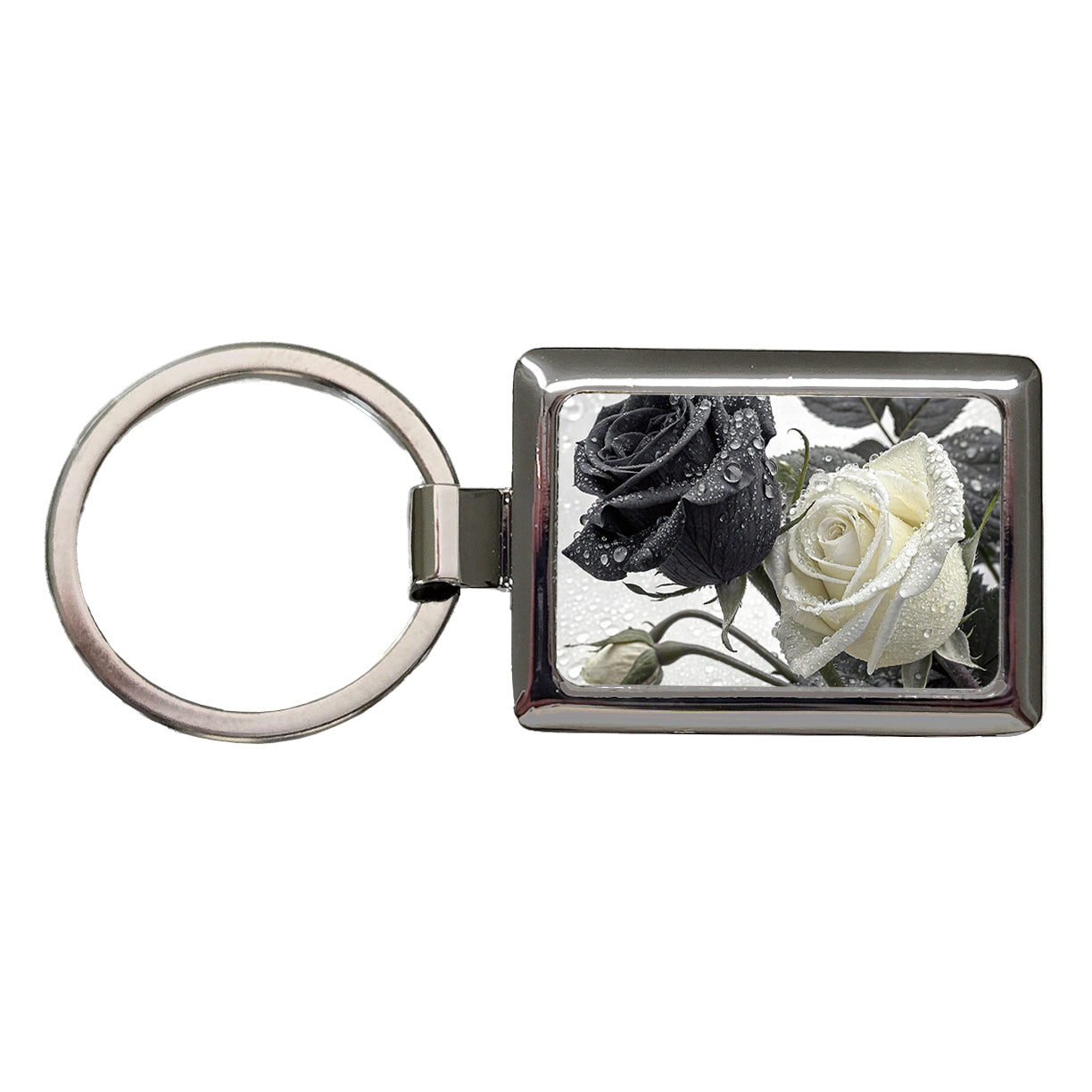 Black White Roses Dewy Rectangle Metal Keychain